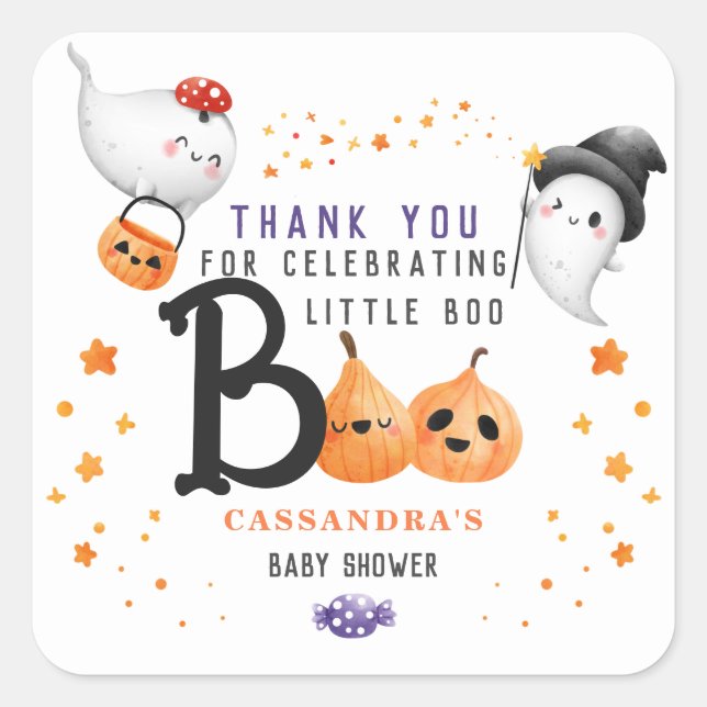 Little Boo Cute Halloween Baby Shower Thank You Square Sticker (Front)