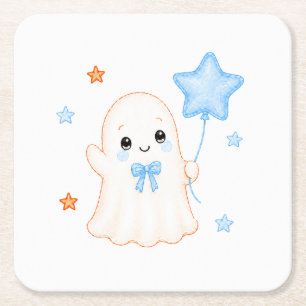 Little Boo Ghost   Boy Halloween Baby Shower Square Paper Coaster
