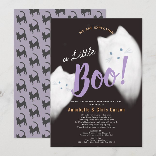 Little Boo Ghost Cat Halloween Baby Shower by Mail Invitation (Front/Back)