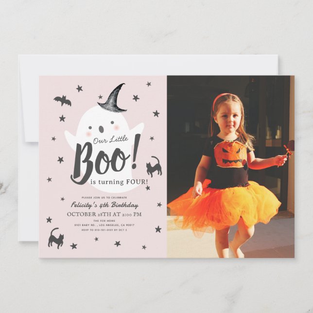 Little Boo Ghost Halloween Pink Birthday Photo Invitation (Front)