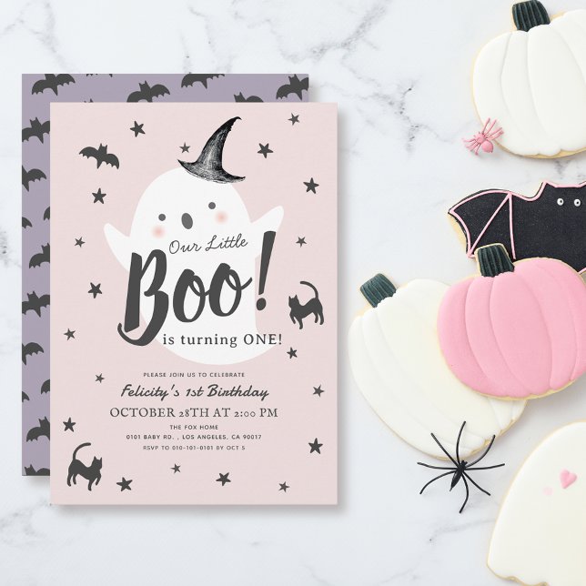 Little Boo Ghost Halloween Pink Girl 1st Birthday Invitation (Creator Uploaded)