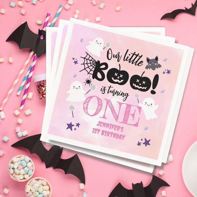 Little Boo! Girl Pink Cute Halloween 1st Birthday Napkin (Creator Uploaded)
