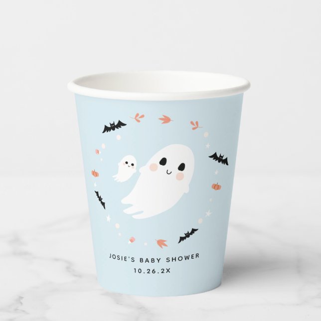 Little Boo Halloween baby shower blue paper cups (Front)
