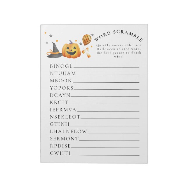 Little Boo Halloween Baby Shower Word Scramble Notepad (Rotated)