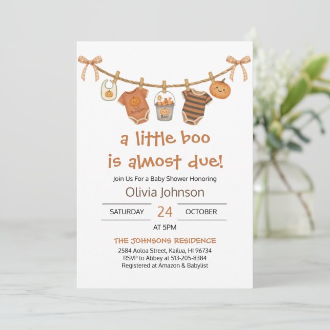 Little Boo Halloween Clothes Baby Shower Invitation (Standing Front)