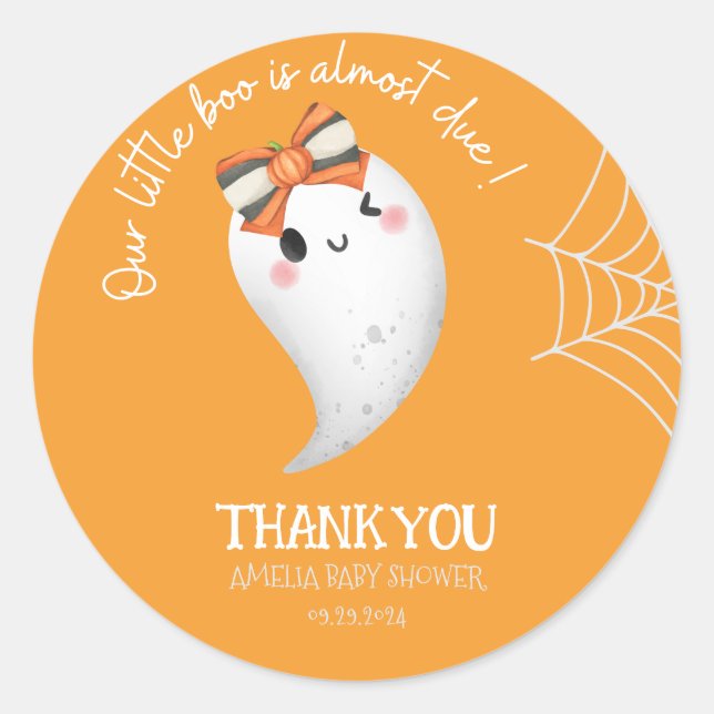 Little Boo Halloween ghost  orange baby shower Classic Round Sticker (Front)