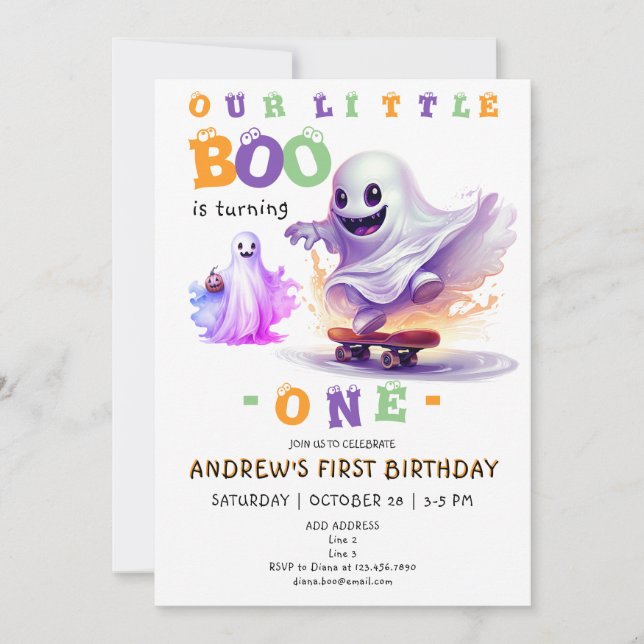 Little Boo Halloween Ghost Skater Any Age Birthday Invitation (Front)