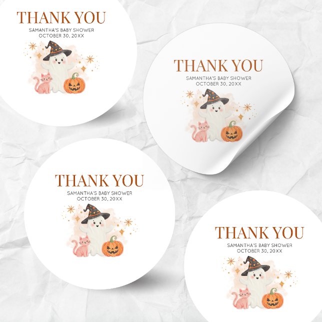 Little Boo Halloween Pumpkin Baby Shower Classic Round Sticker (Halloween Little Boo Baby Shower Sticker)