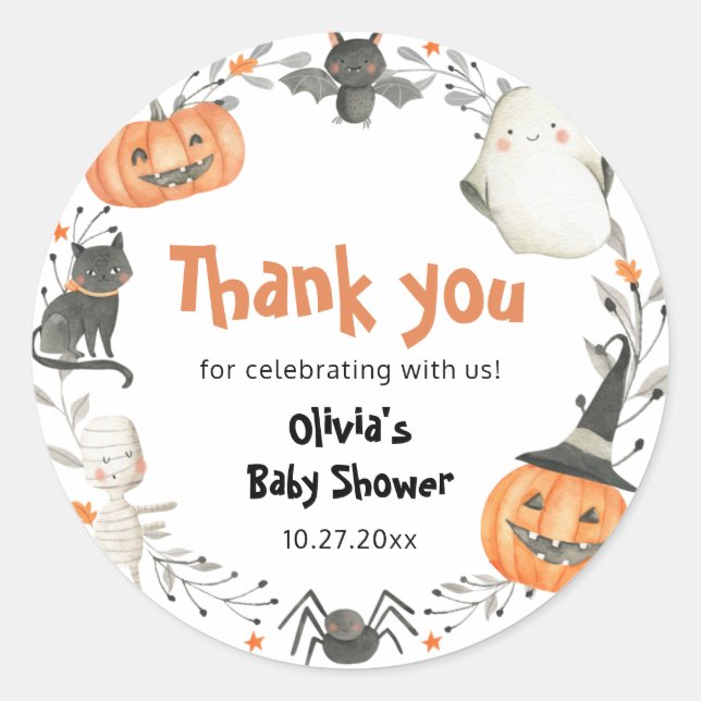 Little Boo Halloween Pumpkin Baby Shower Stickers (Front)
