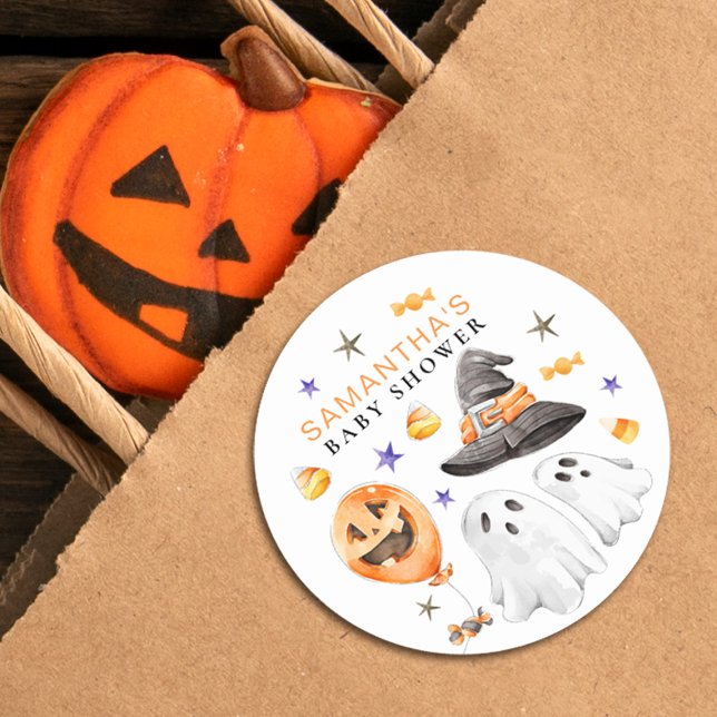 Little Boo Halloween Watercolor Baby Shower Classic Round Sticker (Little boo baby shower Halloween sticker featuring watercolor ghosts and candy corn.)