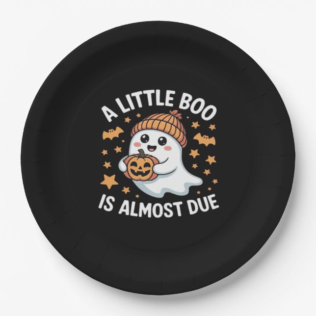 Little Boo Is Almost Due Halloween Pregnancy Revea Paper Plate (Front)