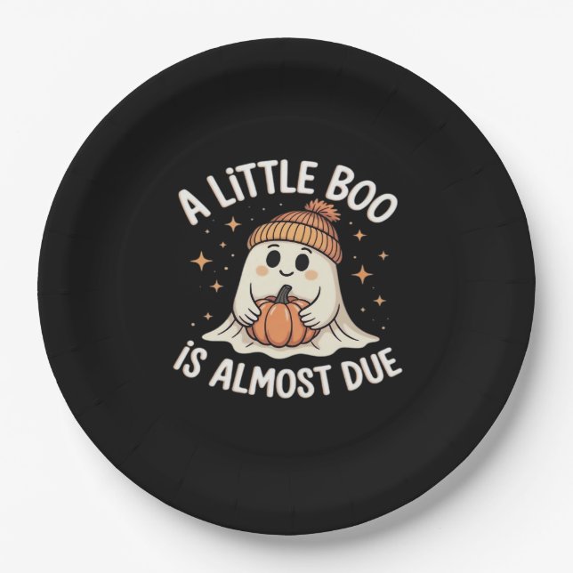 Little Boo Is Almost Due Halloween Pregnancy Revea Paper Plate (Front)
