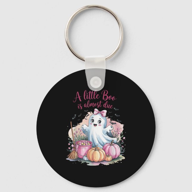 Little Boo Is Almost Due Halloween Theme Girl Baby Keychain (Front)