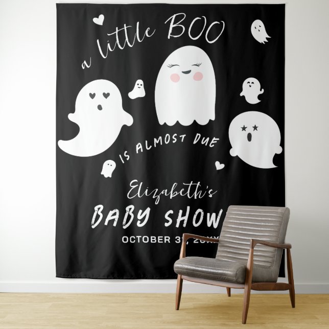 Little Boo is Due Ghost Halloween Baby Shower Tapestry (In Situ)