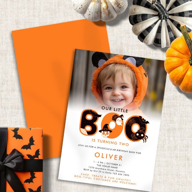 Little Boo is Turning Two Photo Halloween Birthday Invitation (Front and back view)