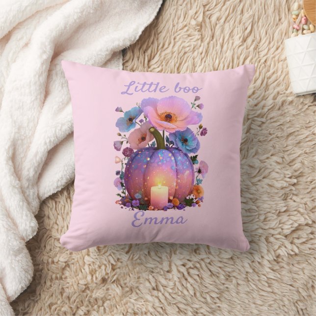 Little Boo Personalized Girl Halloween T-Shirt Throw Pillow (Blanket)