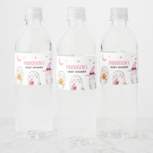 Little Boo Pink Ghost Baby Shower  Water Bottle Label (Bottles)