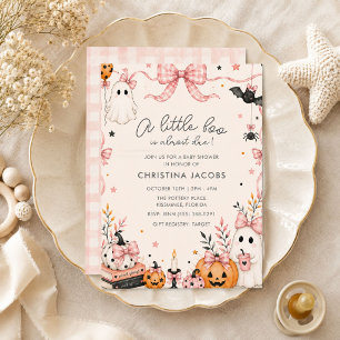 Little Boo Pink Gingham Halloween Baby Shower Invitation