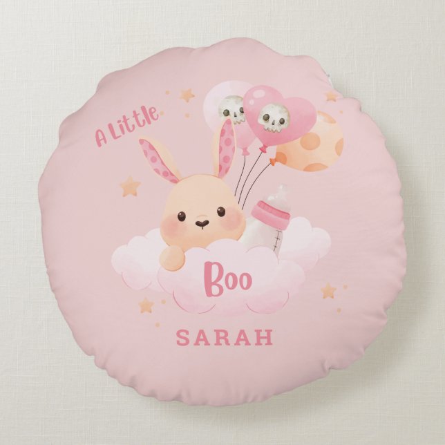 Little Boo Pink Halloween Baby Shower Round Pillow (Back)