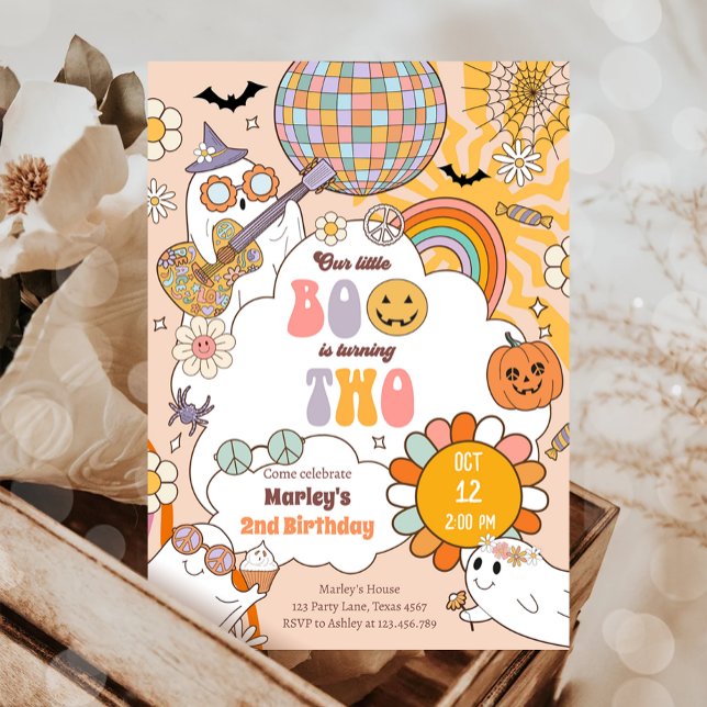 Little Boo Retro Halloween Girl Second Birthday Invitation (Creator Uploaded)