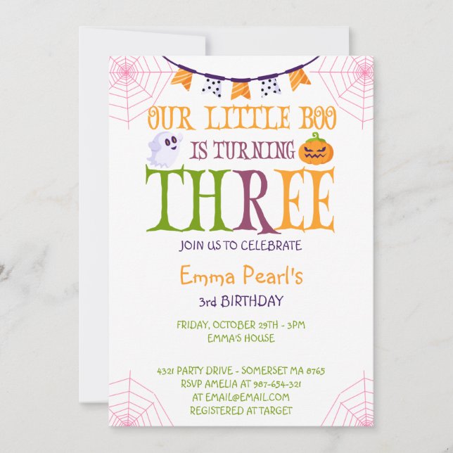 Little Boo Turning three Halloween 3rd Birthday Invitation (Front)