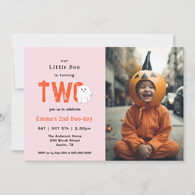 Little Boo Turning Two Girl Birthday Photo  Invitation (Front)