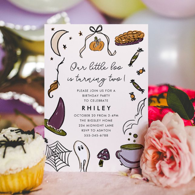 Little Boo Turning Two Halloween Birthday Party Invitation (Our little boo is turning two! Hand illustrated Halloween birthday party invitation.)