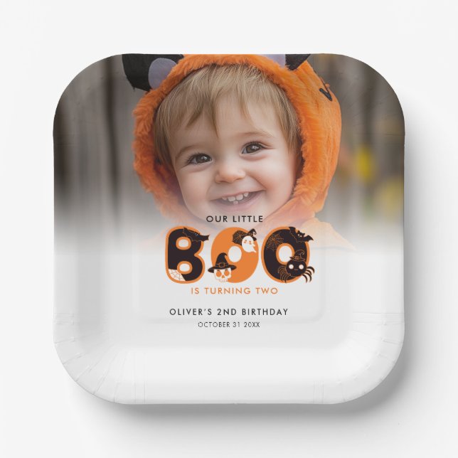 Little Boo Turning Two Photo Halloween birthday  Paper Plate (Front)