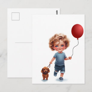 Little Boy and Dachshund Postcard Art