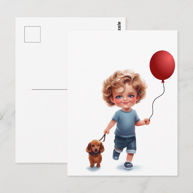 Little Boy and Dachshund Postcard Art (Front/Back)