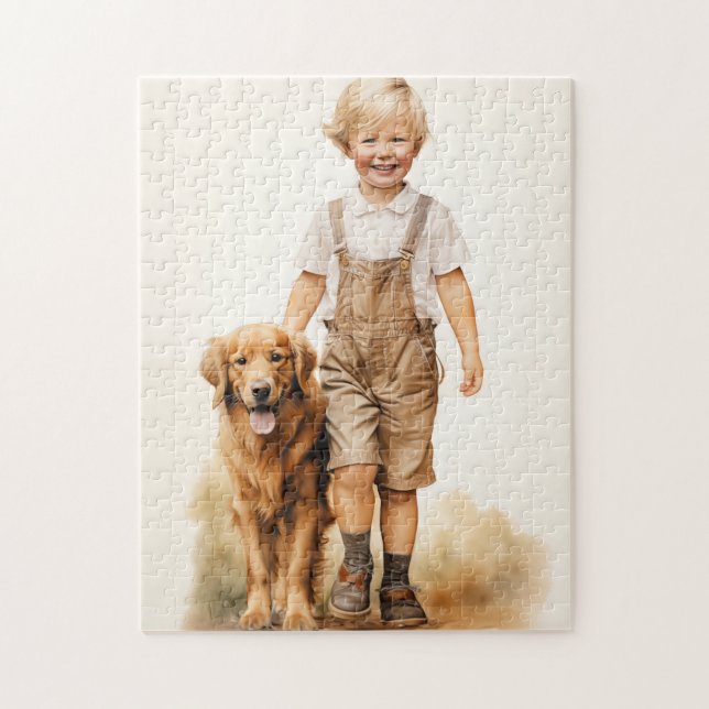 Little boy and golden retriever jigsaw puzzle (Vertical)