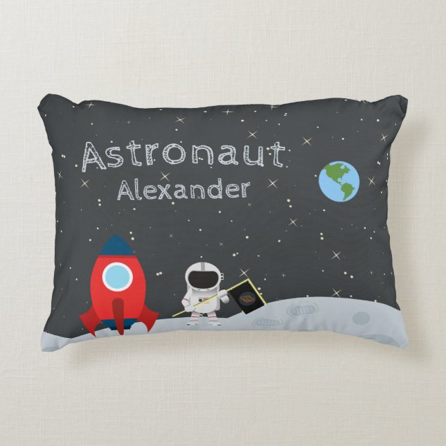 Little Boy Astronaut on Moon, First Name Space Accent Pillow (Front)