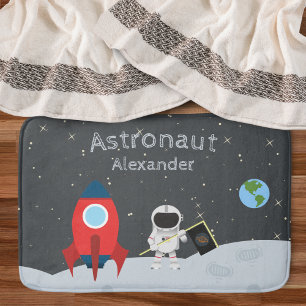 Little Boy Astronaut on Moon, First Name Space Bath Mat