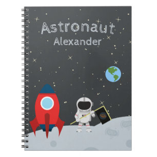 Little Boy Astronaut on Moon, First Name Space Notebook