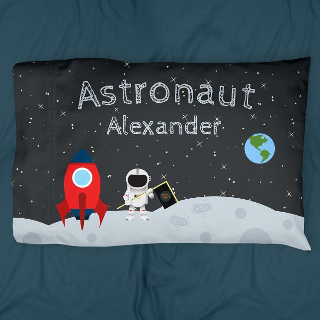 Little Boy Astronaut on Moon, First Name Space Pillowcase (Creator Uploaded)