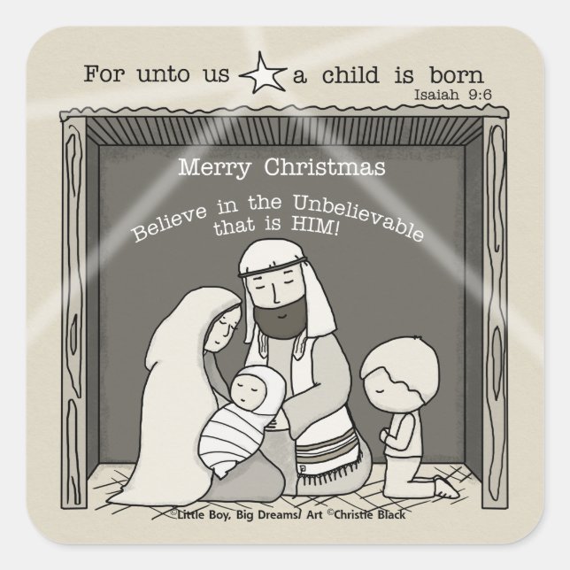 Little Boy at the Manger-Merry Christmas Square Sticker (Front)