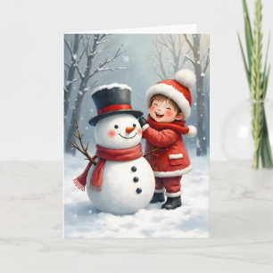 Little Boy Building a Snowman Blank Christmas  Card