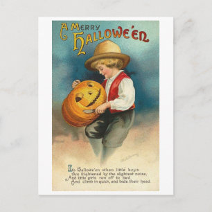 Little Boy Carving Pumpkin Postcard
