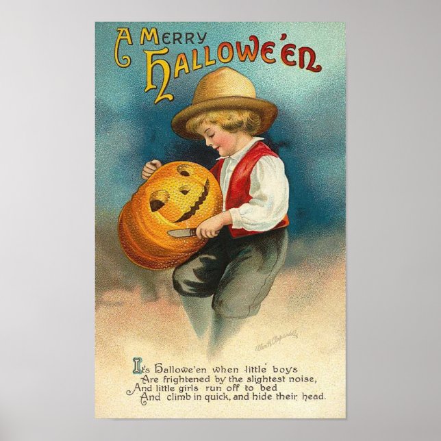 Little Boy Carving Pumpkin Poster (Front)