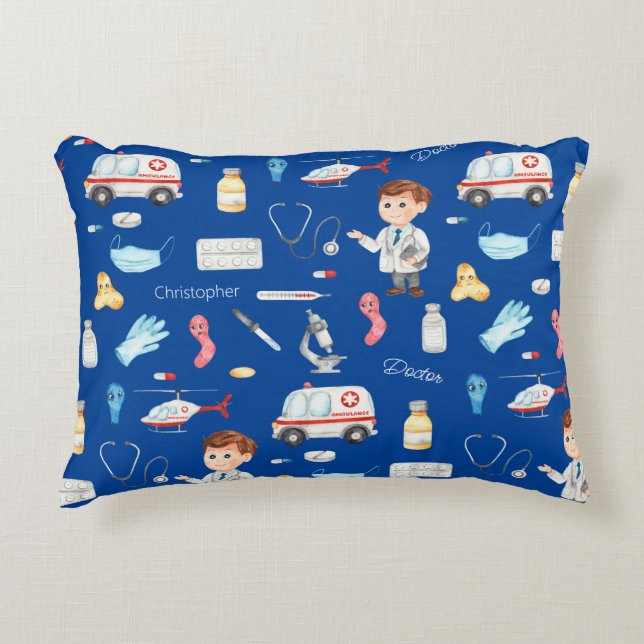 Little Boy Doctor Medical Pattern with Name, Blue Accent Pillow (Front)