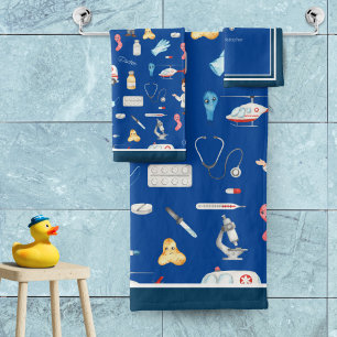 Little Boy Doctor Medical Pattern with Name, Blue Bath Towel Set