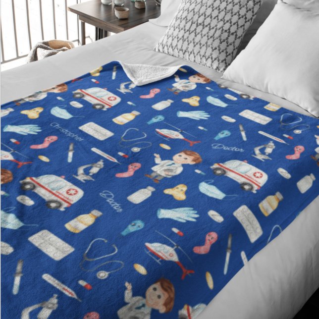 Little Boy Doctor Medical Pattern with Name, Blue Fleece Blanket (Creator Uploaded)