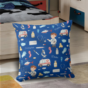 Little Boy Doctor Medical Pattern with Name, Blue Throw Pillow