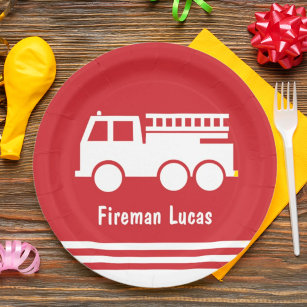 Little Boy Fire Truck With Name Red and White Paper Plate