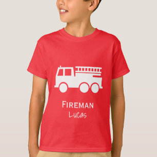 Little Boy Fire Truck With Name Red and White T-Shirt