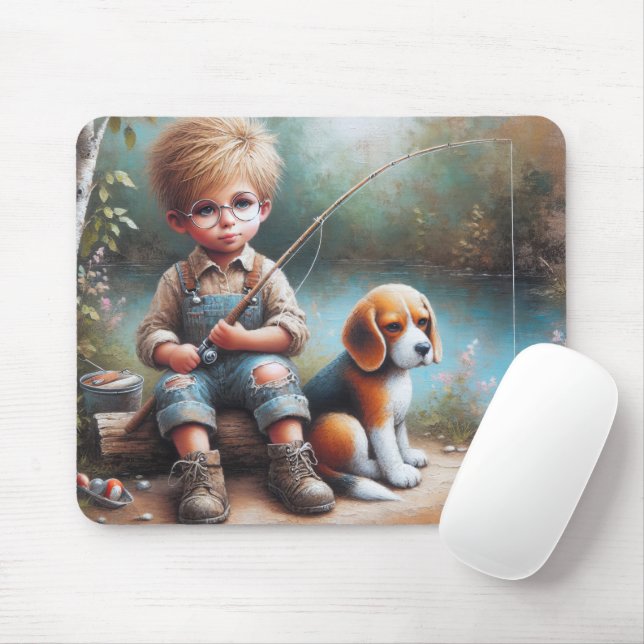 Little Boy Fishing With His Beagle Mouse Pad (With Mouse)