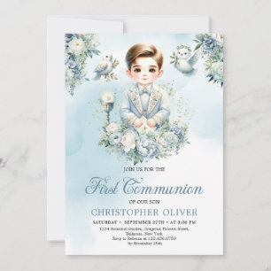 Little boy Formal attire holy bible blue floral Invitation