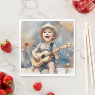 Little Boy Guitar Singing Watercolor Illustration  Napkin
