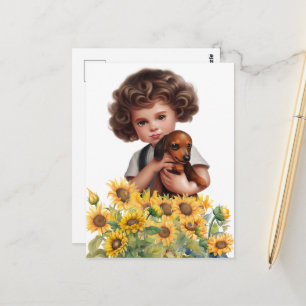 Little Boy Holding Dachshund Postcard Art