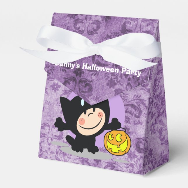 Little Boy in Costume w/Pumpkin Purple Damask Favor Box (Front Side)